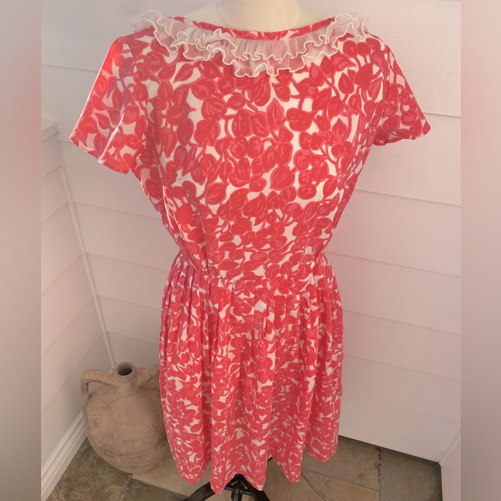 Poppy Pink Bright Floral 1940’s Dress with Ruffle Pleat Neckline - The Notebook